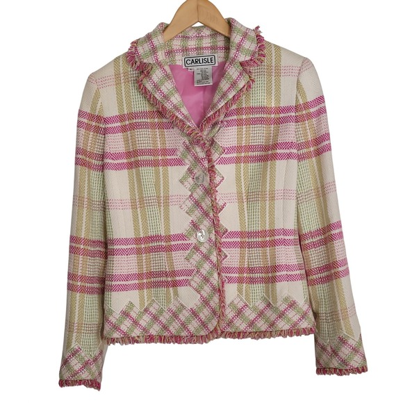 Jackets & Blazers - Vintage Carlisle Tweed Plaid Blazer Jacket Pink Green Cotton Silk Wool Size 8